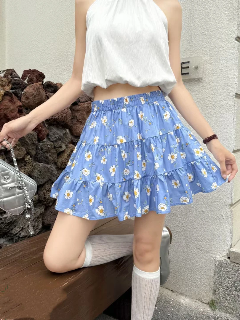 夏日小清新百搭拼接碎花半身裙女夏季新款蓝色显瘦防走光短裙子