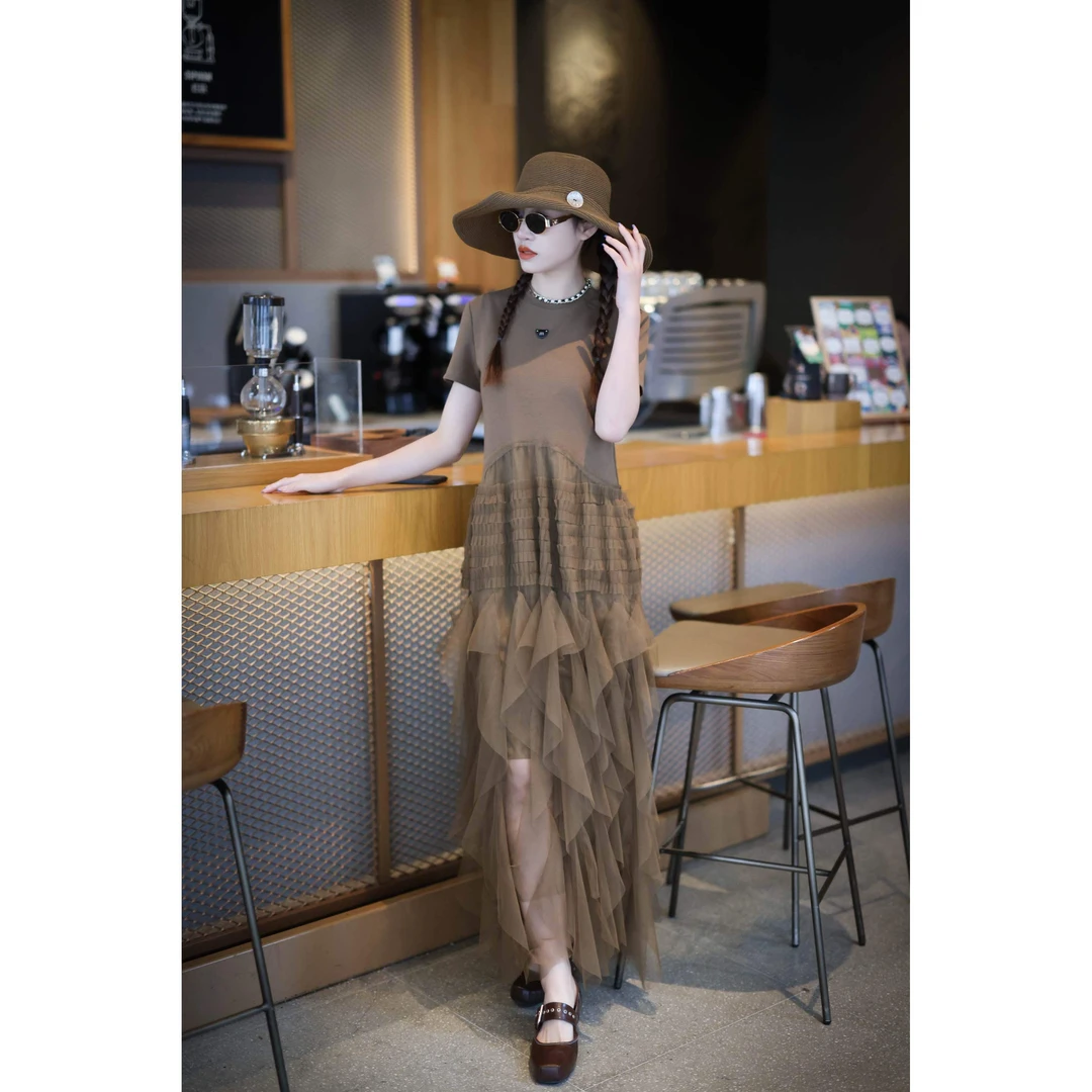 KiKi严选：223-1-XXQ家欧货南夏季轻奢拼纱气质减龄连衣裙