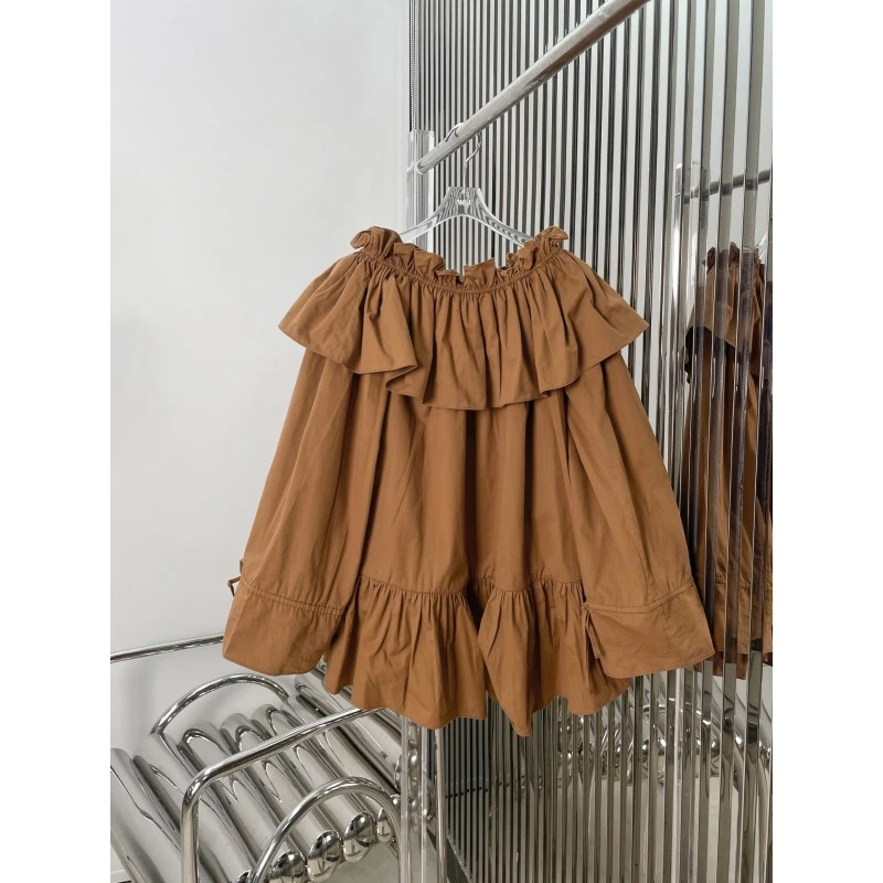 娜扎同款 美拉德色系荷叶边一字肩收褶连衣裙