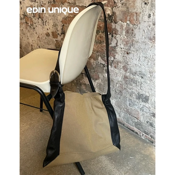 一丁小众设计复古大容量单肩包牛皮拼接牛皮布时尚休闲街头斜挎包