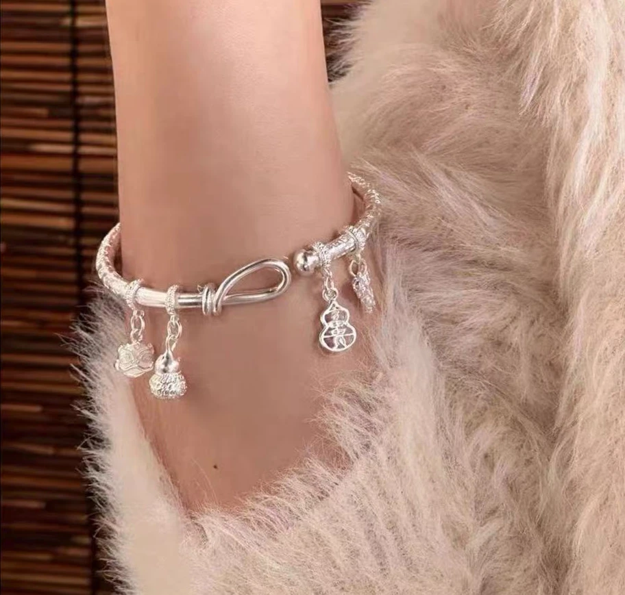 足银手镯 28克足银999.9中国风手工锤纹醒狮葫芦手镯