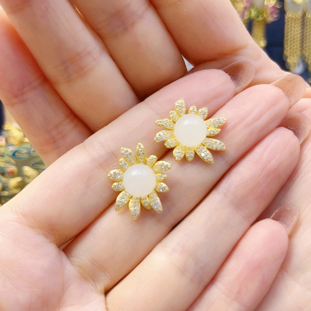 和田玉银S925镀金镶嵌耳饰
