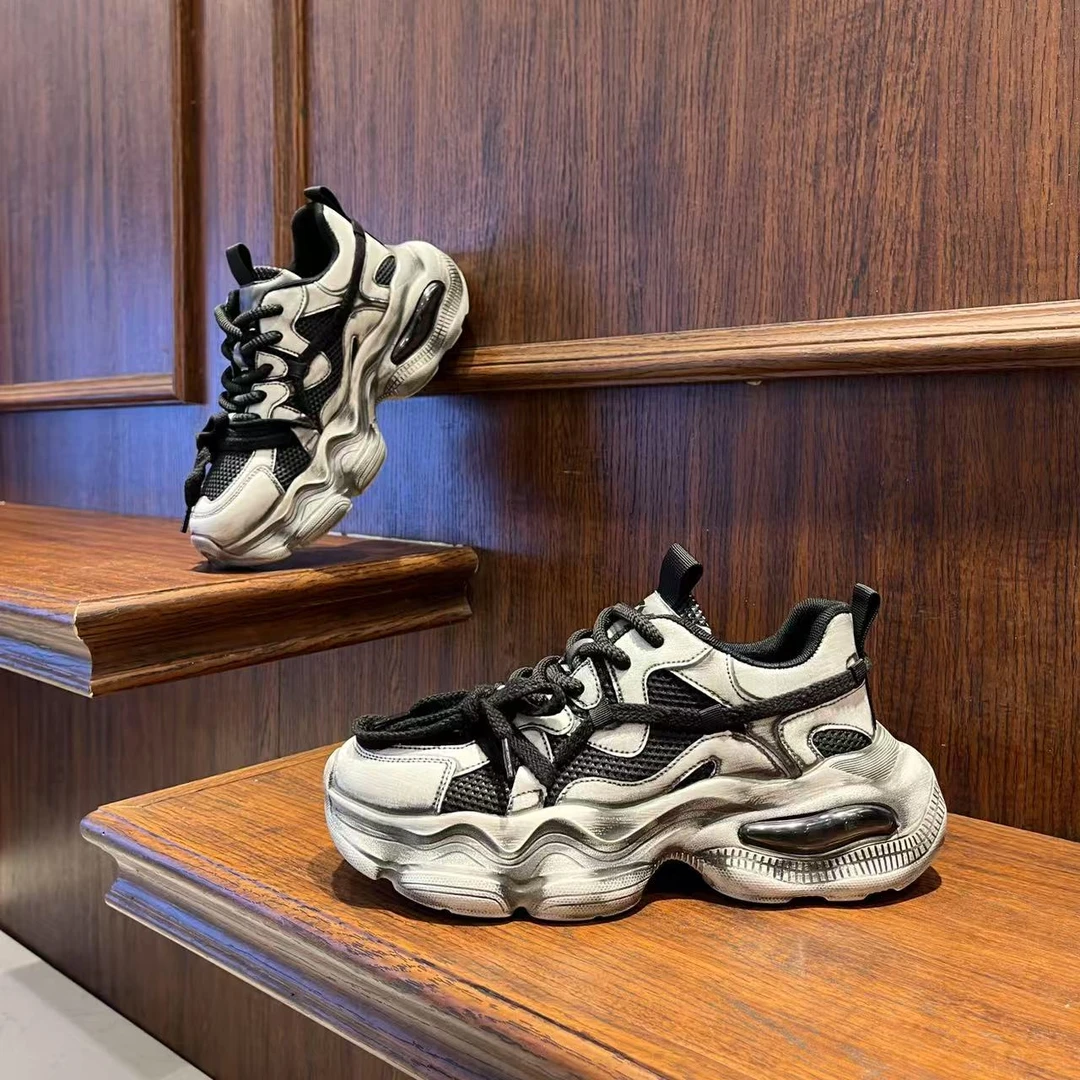 男鞋2025潮流小众擦色做旧复古老爹鞋网面拼接厚底增高系带休闲鞋