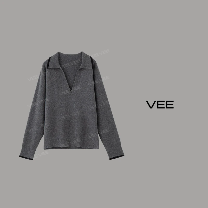 VEE【热奶茶】新款时尚百搭小深v领polo领通勤套头秋冬羊毛针织衫