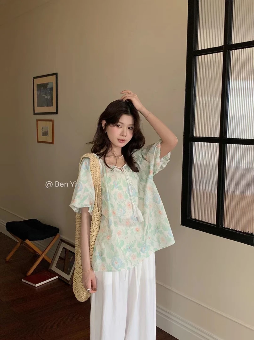 6278花朵印花短袖系带薄款夏季衬衫上衣女装衬衣休闲泡泡袖小衫