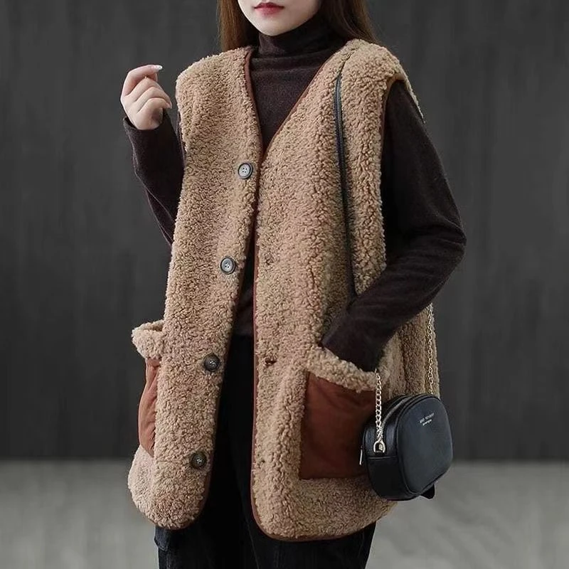 通勤加厚休闲宽松外套女式2025秋冬保暖驼色无袖V领排扣马甲背心