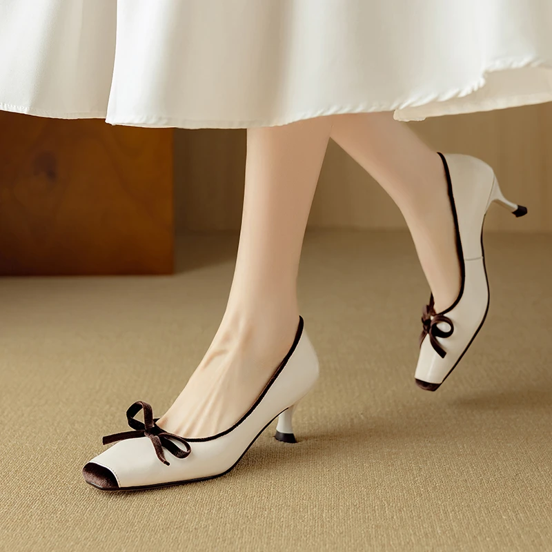 羊皮5cm小香风高跟鞋女2025春新款法式复古方头蝴蝶结中跟单鞋