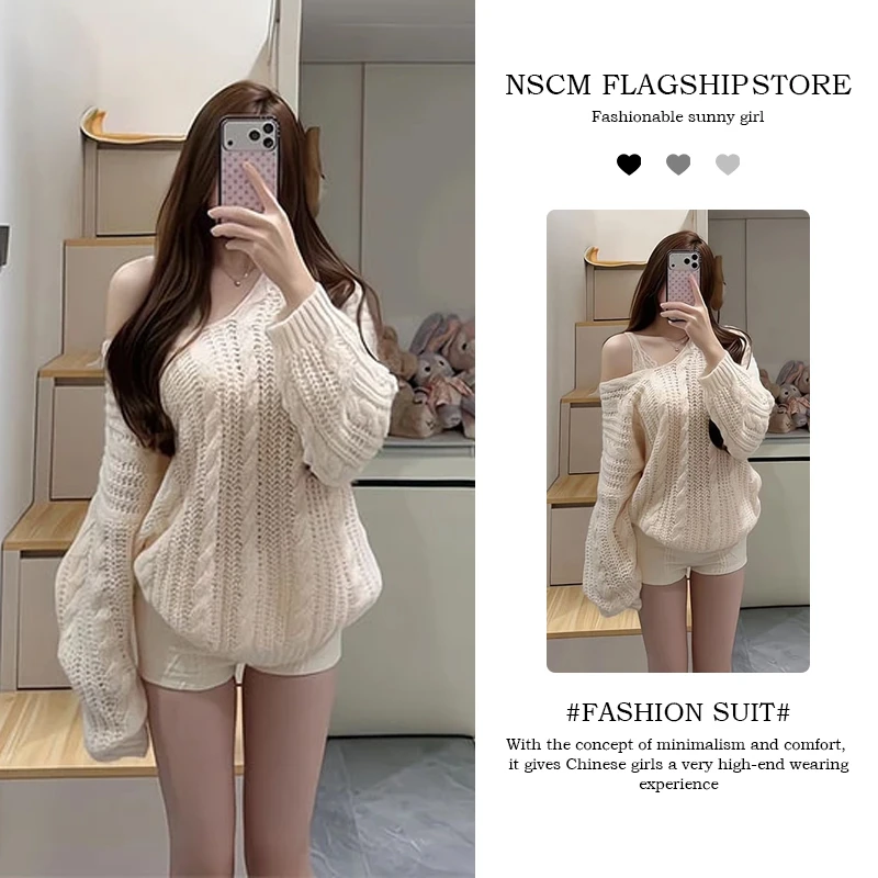 NSCM秋冬新款韩系穿搭设计感镂空长袖针织衫毛衣长袖上衣显瘦短裤