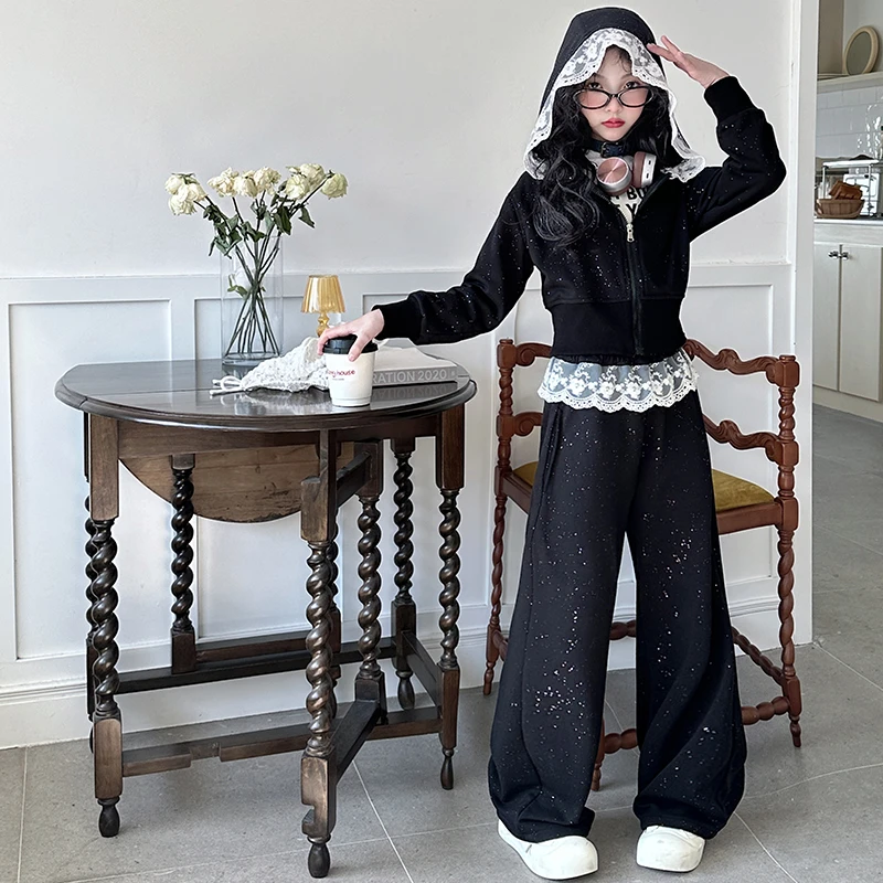 女童洋气套装气质时尚2025春款女孩潮流童装蕾丝花边黑色高品质酷