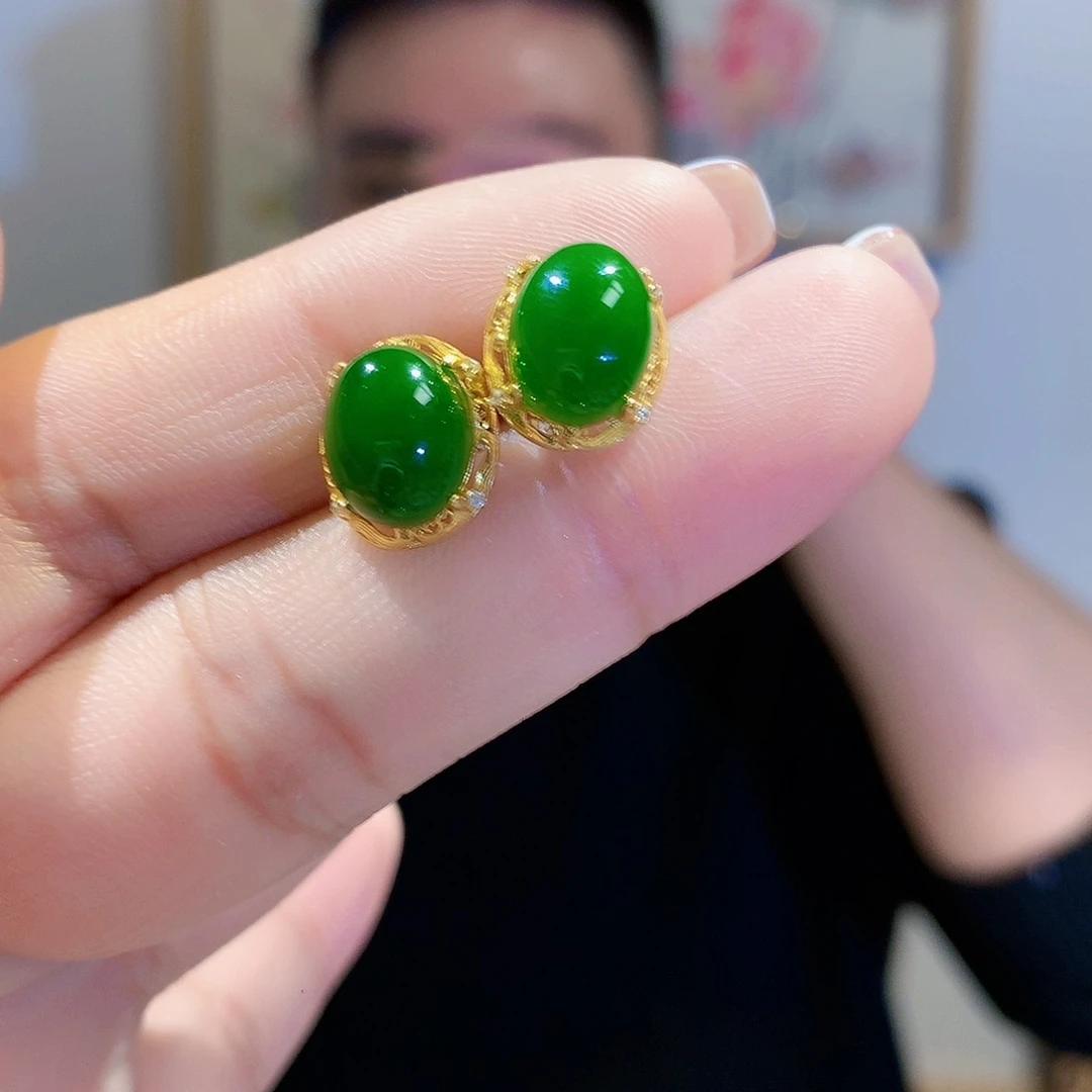 和田玉（碧玉）耳饰银S925镀金镶嵌