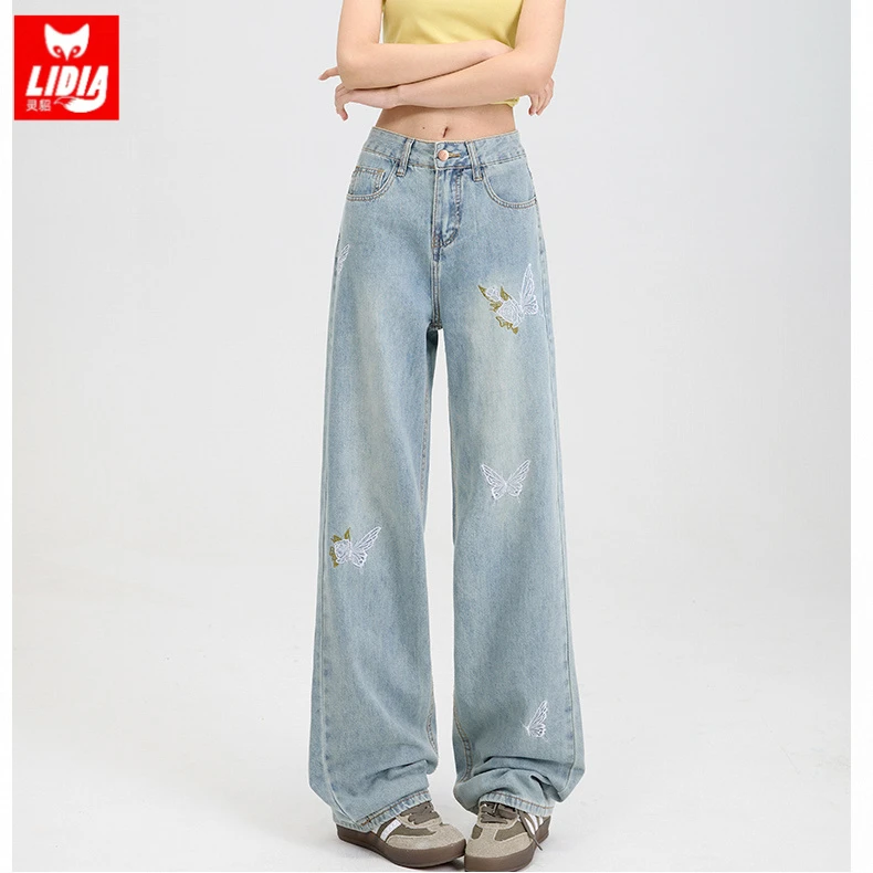 浅蓝蝴蝶刺绣阔腿牛仔裤女2025夏季薄款设计感宽松显瘦直筒拖地裤