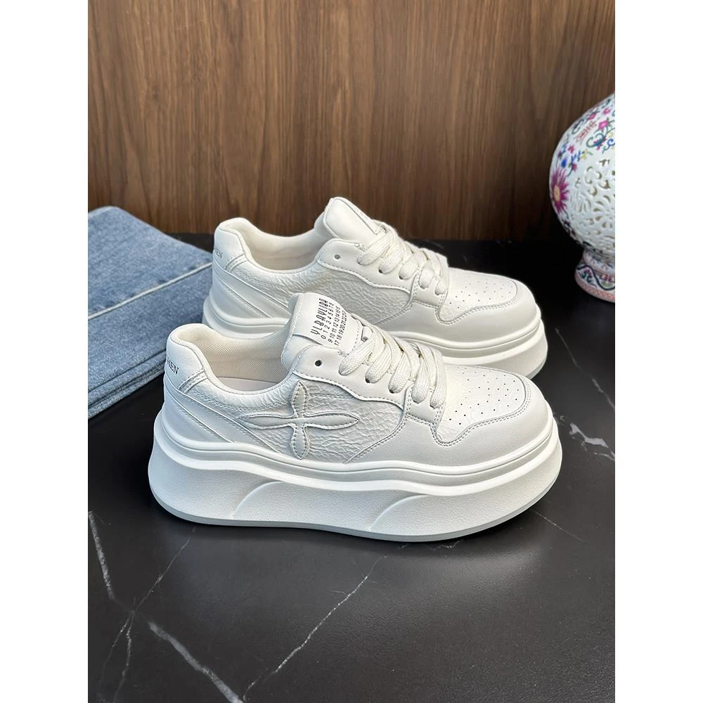 秋季增高真皮小白鞋女2025春季新款系带圆头板鞋百搭运动休闲女鞋