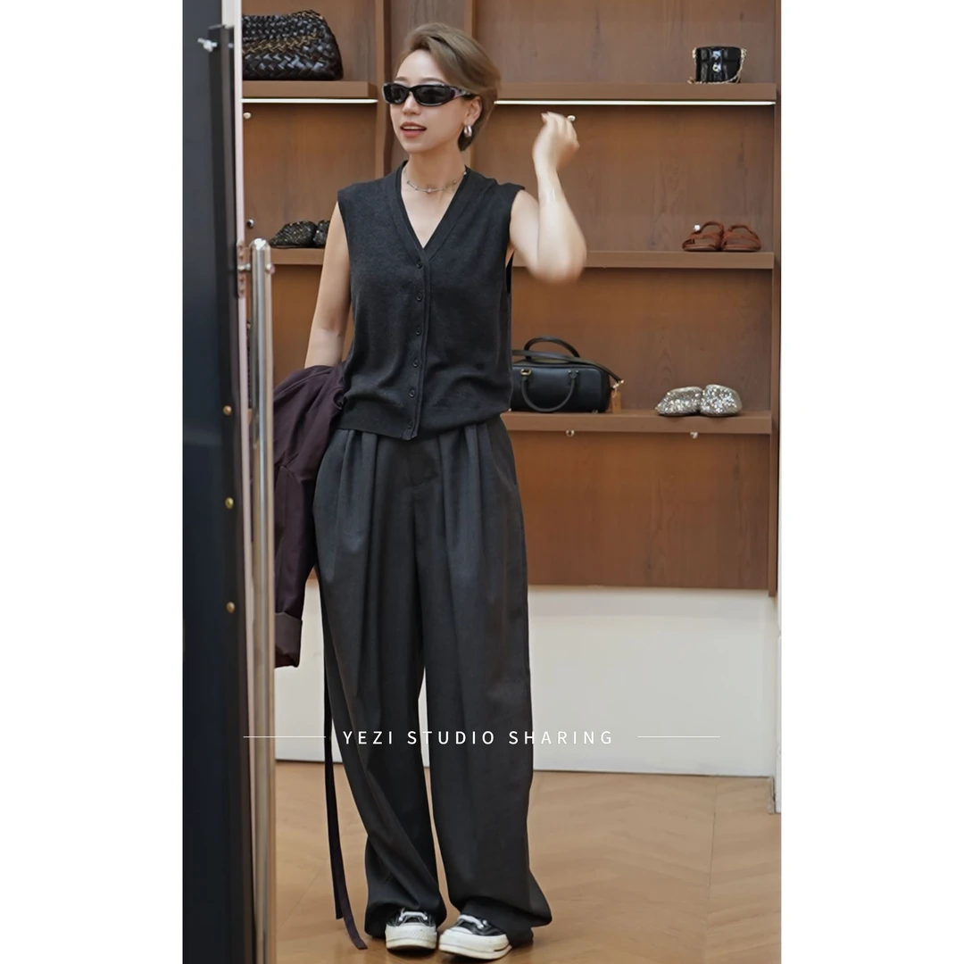 【大女主裤】老钱感立体褶皱高克重精仿羊毛抗皱摩登西装裤25337003