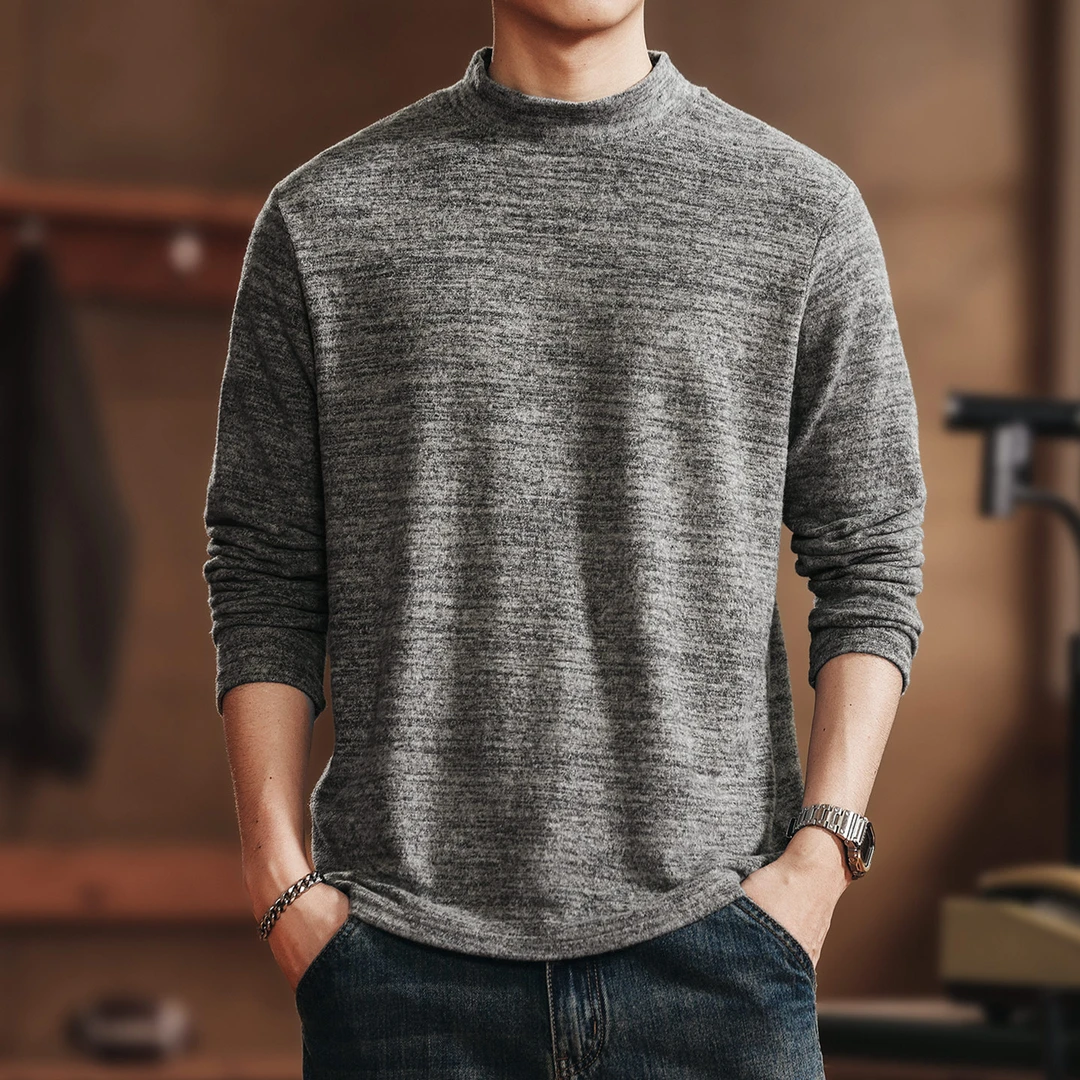 格蓝鹿日系潮牌毛绒感花纱男士长袖T恤秋季新款半高领打底衫上衣