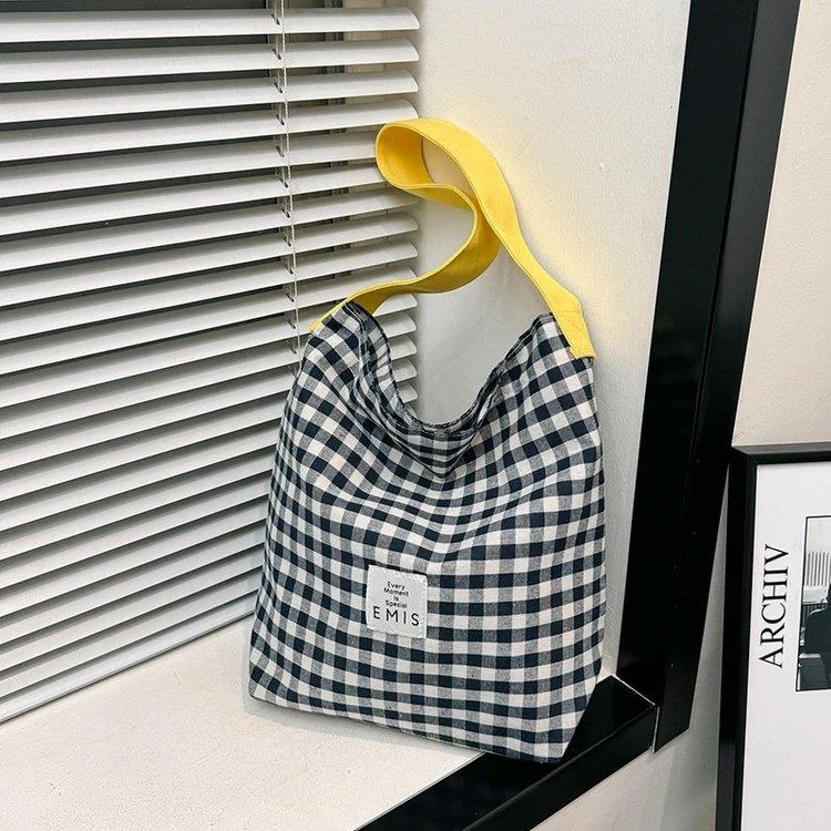 尼龙布撞色格子甜美可爱休闲帆布包袋森系文艺小清新学生托特包