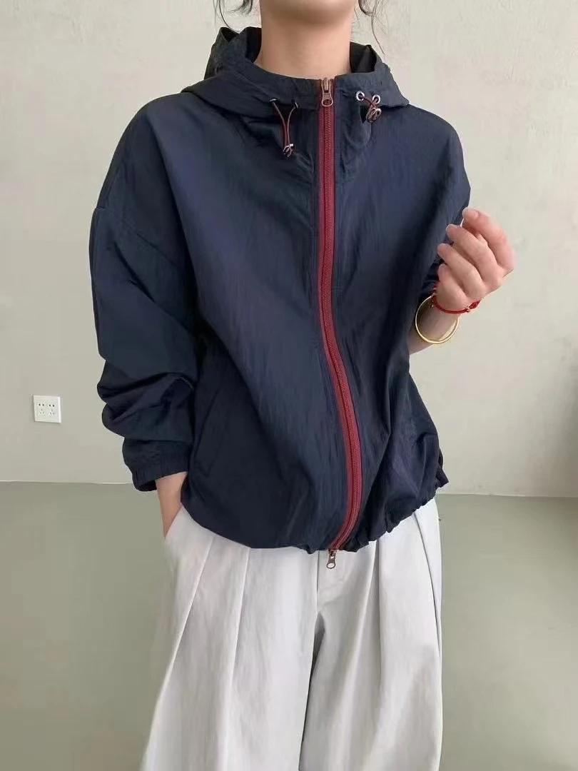 女夏季连帽短外套拼接百搭时尚开衫防晒户外拉链防晒服防晒衣