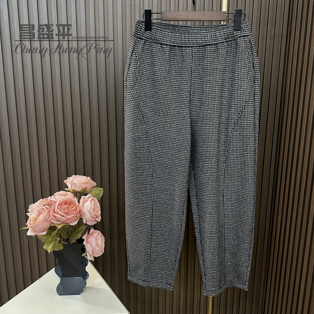 960【珠光细闪千鸟格小脚萝卜裤】春季新款百搭休闲松紧腰女裤加肥