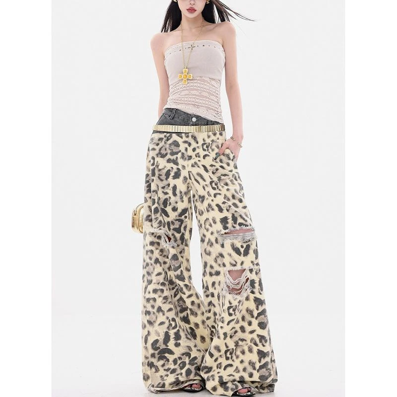 美式复古豹纹双腰头破洞牛仔裤女2025夏季新款宽松阔腿拖地长裤子