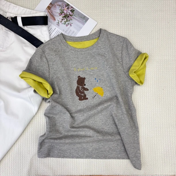 ［精选推荐］新韩版百搭修身显瘦时尚拼色卡通印花字母短袖T恤 6255