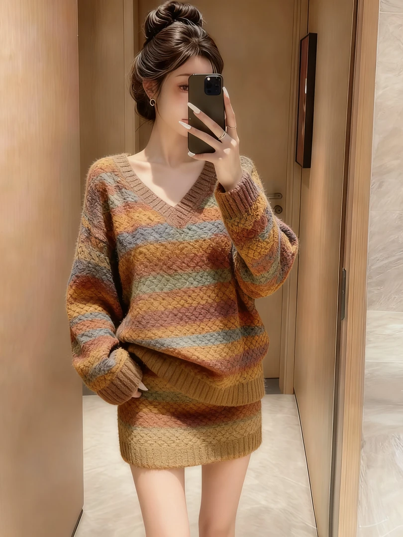 复古港风宽松慵懒风时尚套装棕色V领长袖毛衫休闲风百搭包臀裙