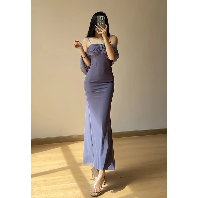 法式轻熟无袖露肩抹胸连衣裙女魅惑紫色御姐风收腰显瘦包臀长裙
