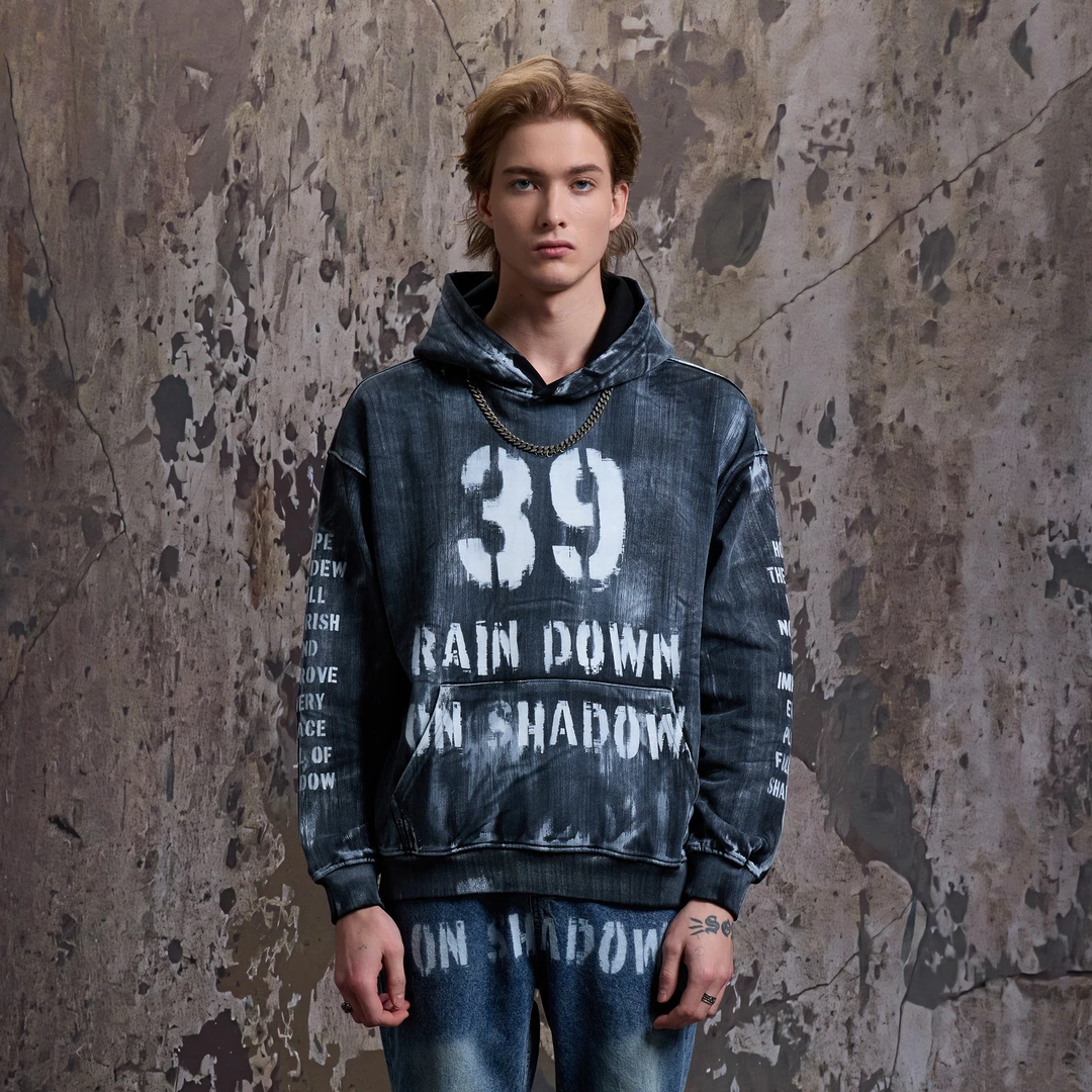 RAIN DOWN ON SHADOW做旧黑色drill潮牌刷漆连帽卫衣洗水帽衫