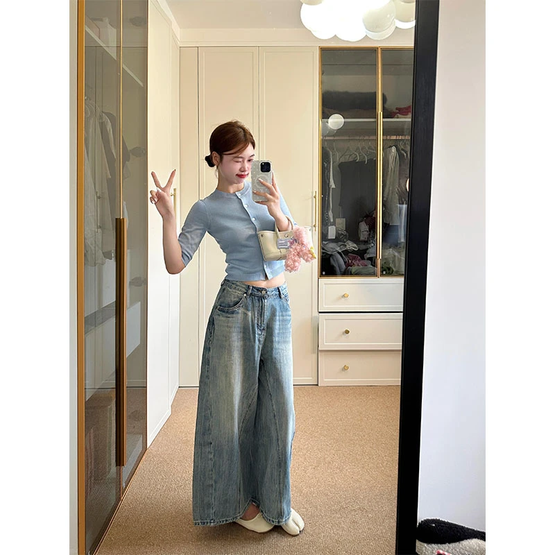 夏季设计感小众气质独特百搭针织上衣复古高腰宽松休闲牛仔裤子