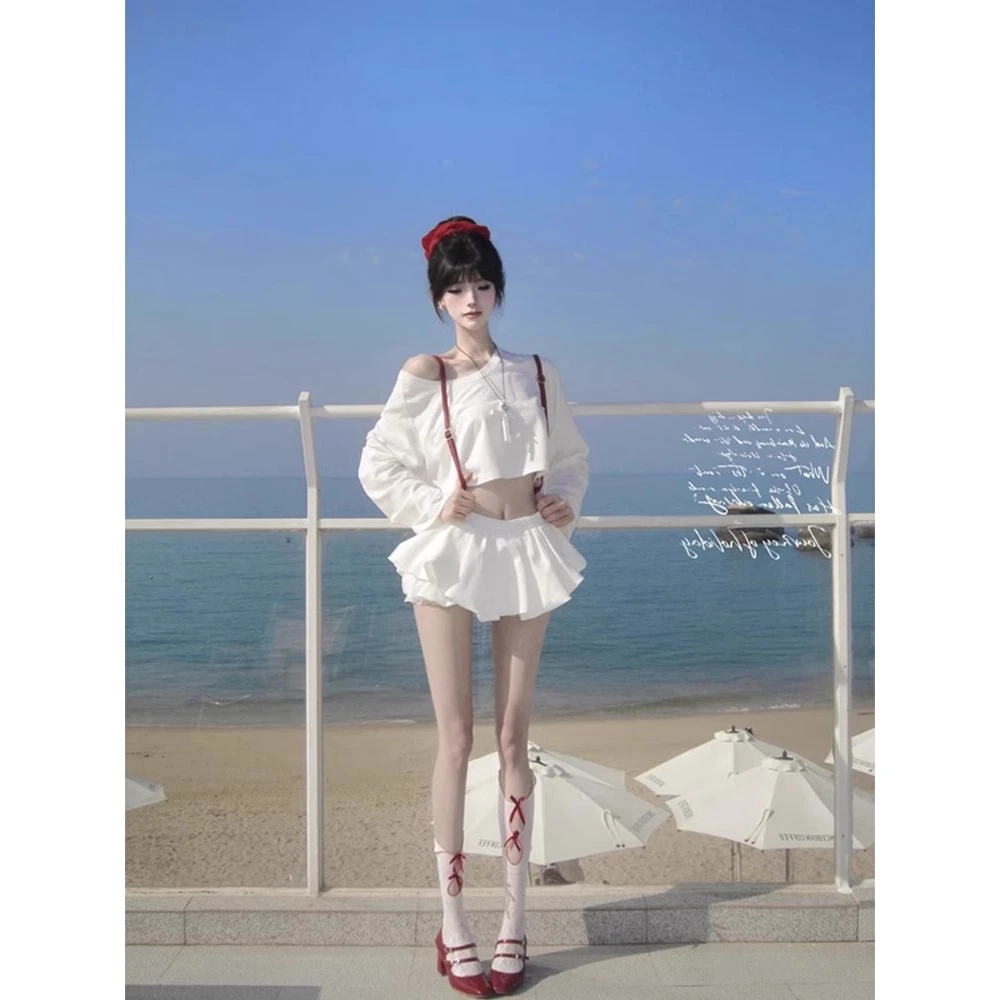 辣妹套装上衣褶皱花苞半身裙女低腰显瘦白色蓬蓬短裙半身显瘦裙裤
