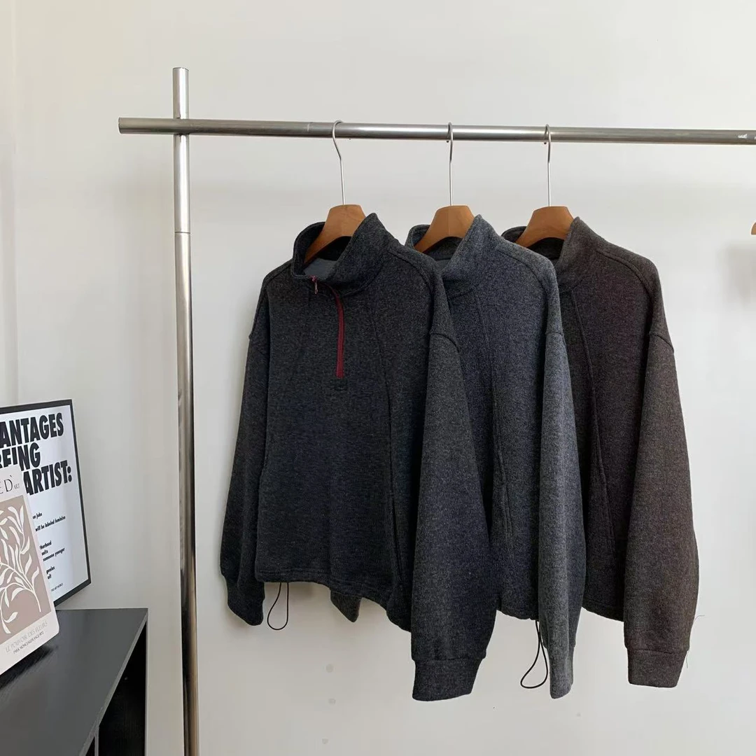 素心轻奢 2025秋冬设计感半拉链立领含羊毛卫衣爆款宽松百搭上衣