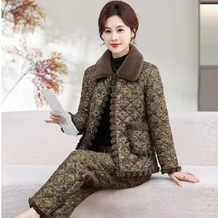 中老年女装加厚棉衣棉裤冬季加绒保暖套装妈妈装碎花毛领两件套女