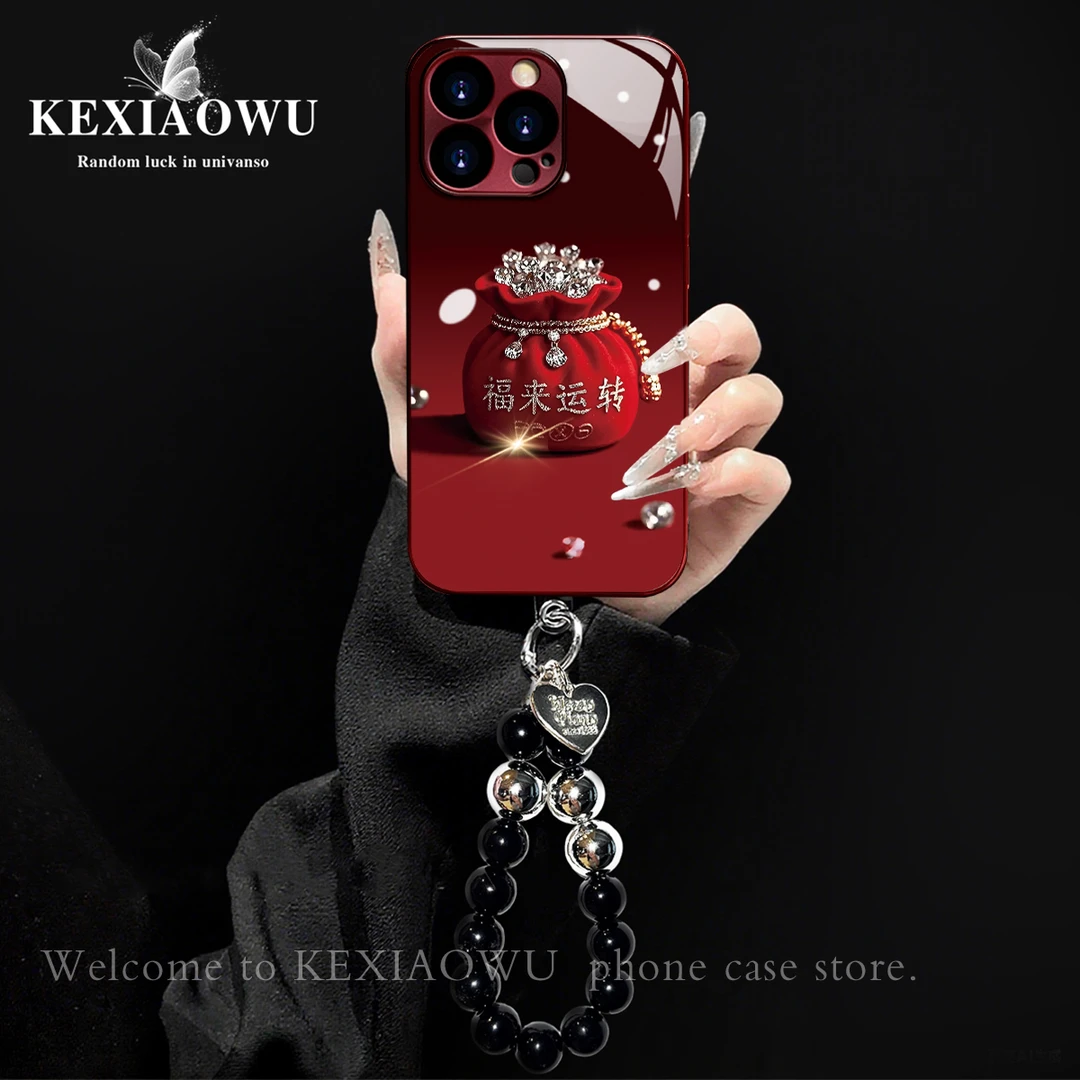 酒红色电镀玻璃红底福来运转适用苹果oppo华为vivo小米手链手机壳