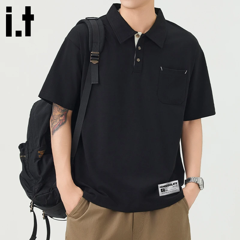 i.t:CHOCOOLATE黑色短袖polo衫男士2025夏季新款简约休闲宽松t恤