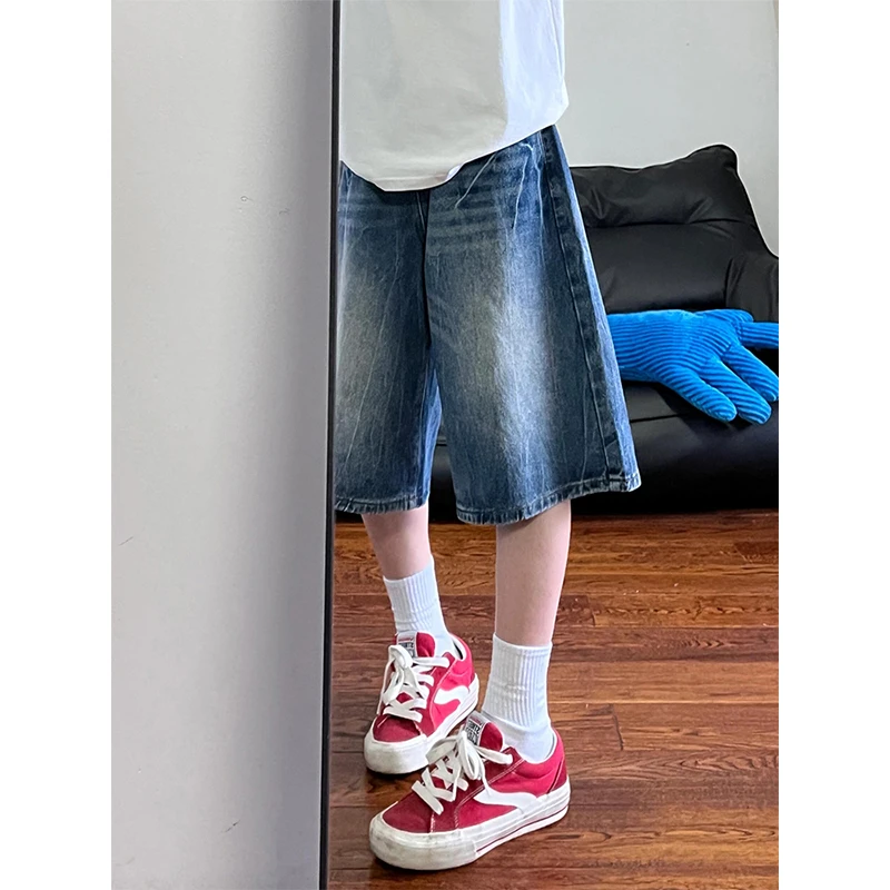 美式复古闪电纹牛仔短裤女夏新款高腰宽松阔腿显瘦七分直筒中裤子