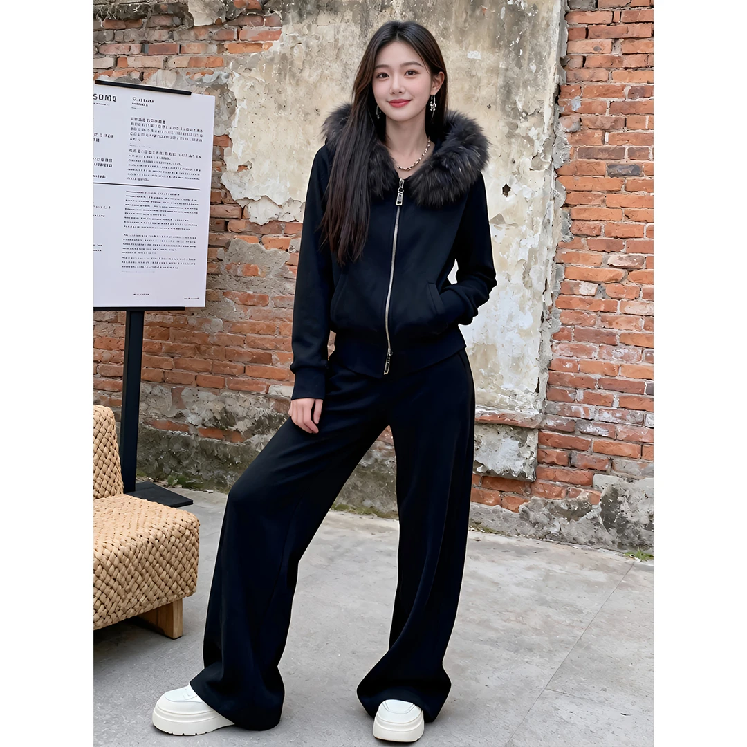 休闲时尚套装女冬季2025新款加绒加厚毛领卫衣外套高腰直筒阔腿裤