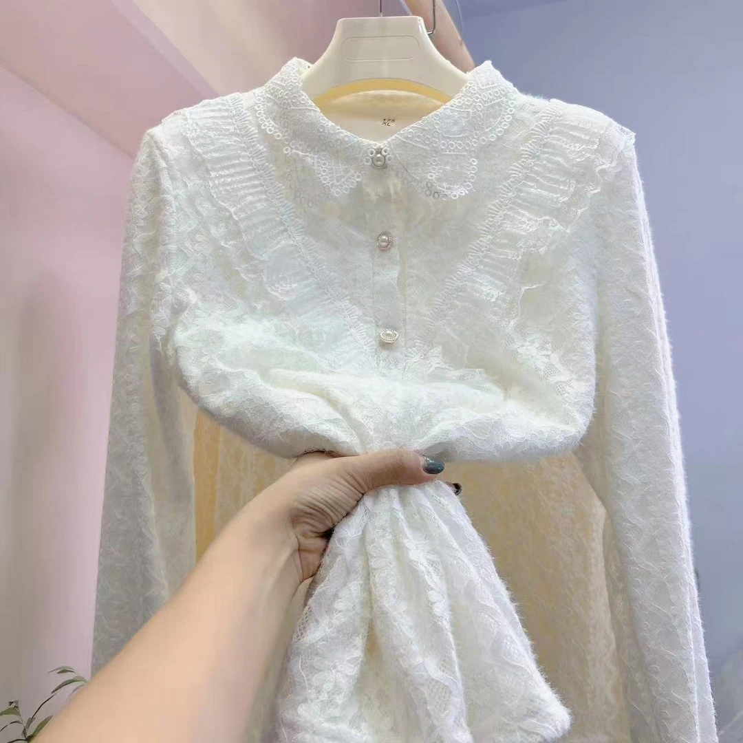 镂空领显瘦蝴蝶蕾丝方领长袖加绒加厚宽松遮肉衬衫外穿内搭