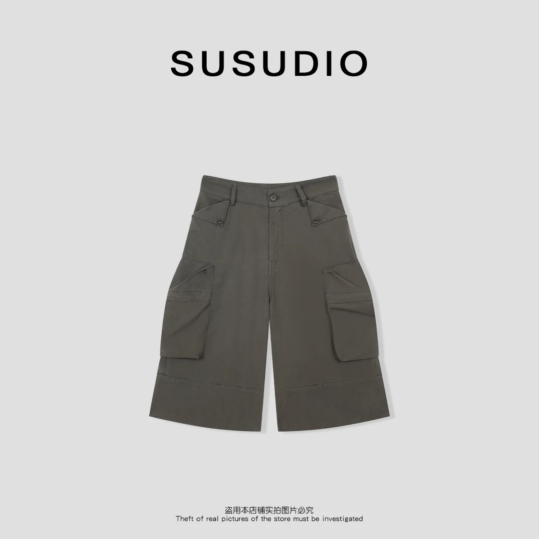 SUSUDIO 100棉  夏季复古水洗纯色大口袋七分工装裤  40598