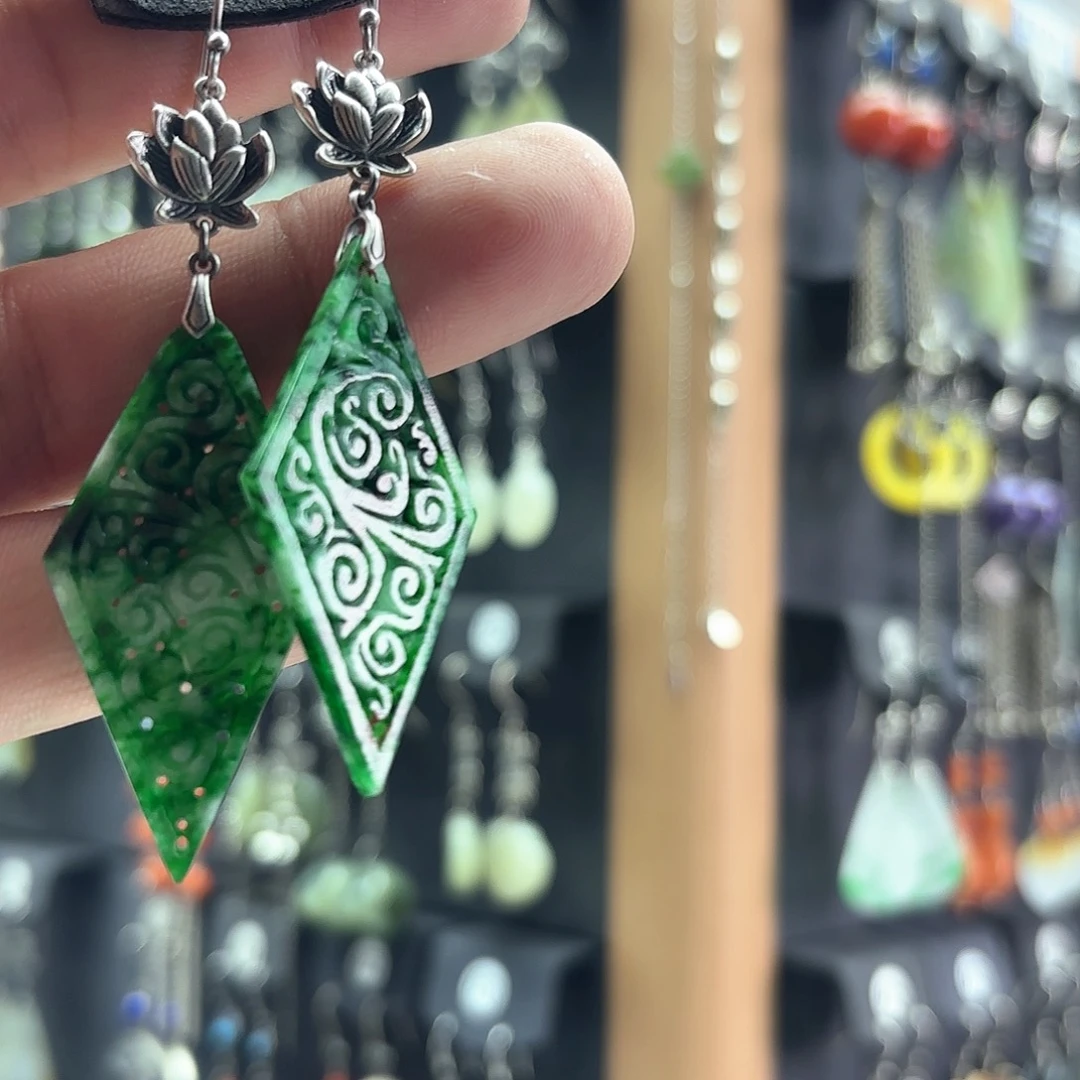 翡翠耳饰银S925镶嵌半***子