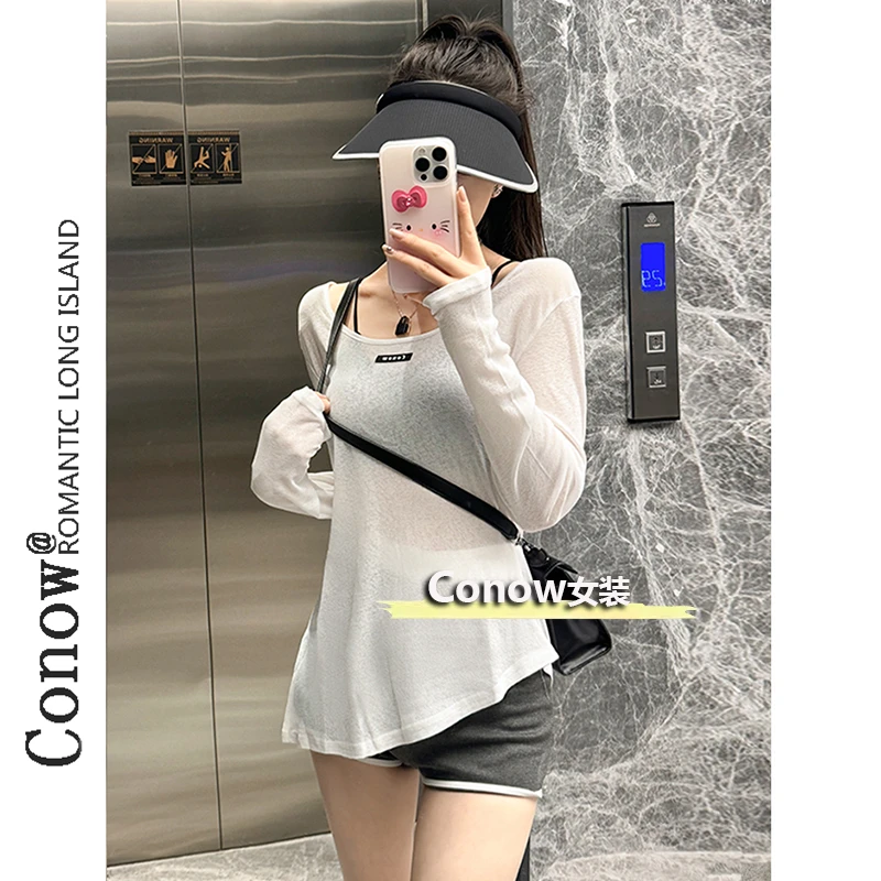 彩诺Conow薄款微透t恤女夏季新款宽松慵懒上衣设计感外搭长袖罩衫