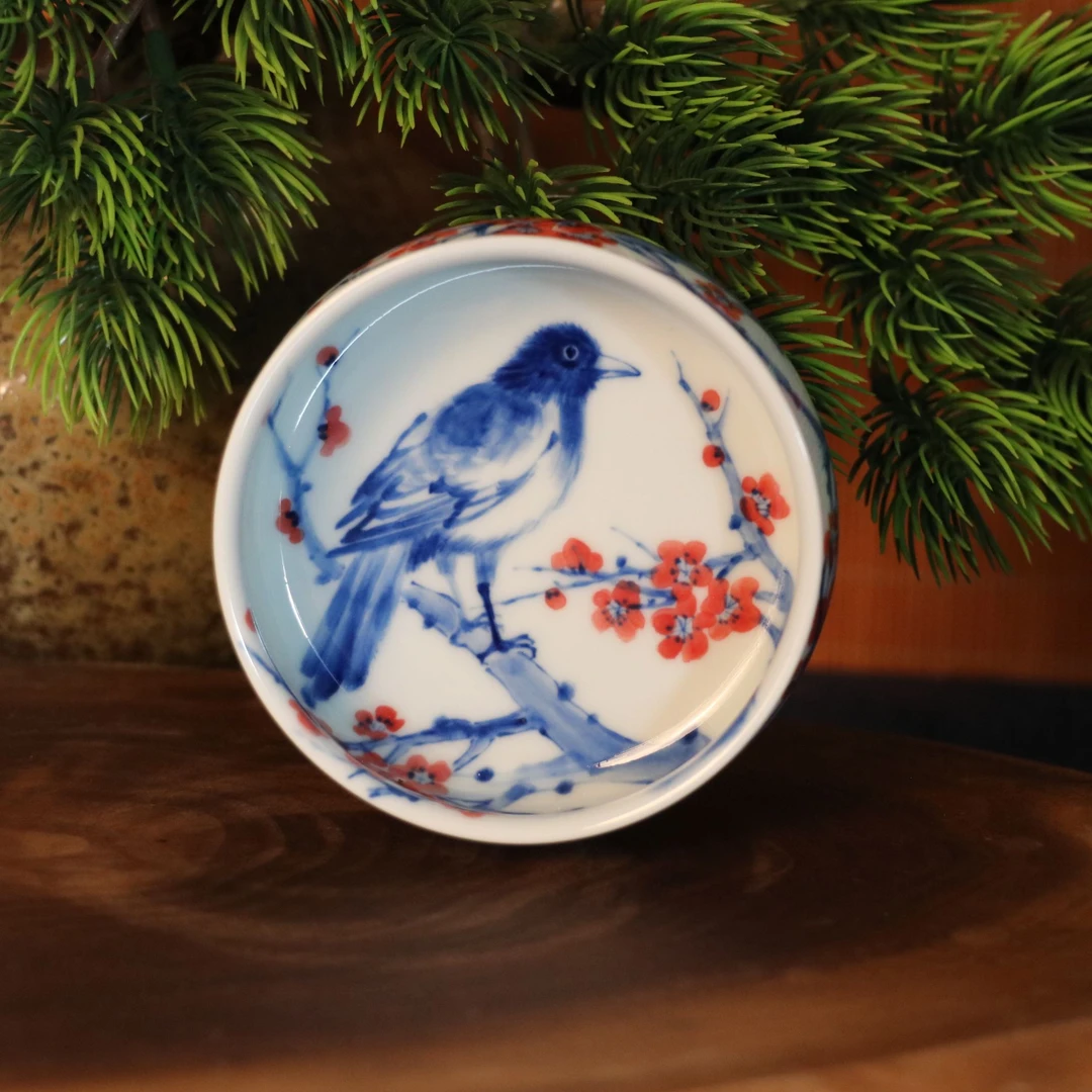 高端纯手绘釉里红陶瓷缠枝梅花鸟普洱杯主人杯品茗杯茶杯花纹茶具