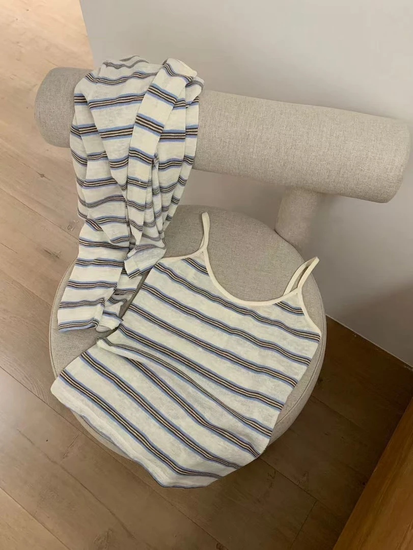 早秋条纹撞色内搭吊带背心气质薄款长袖开衫上衣时尚套装