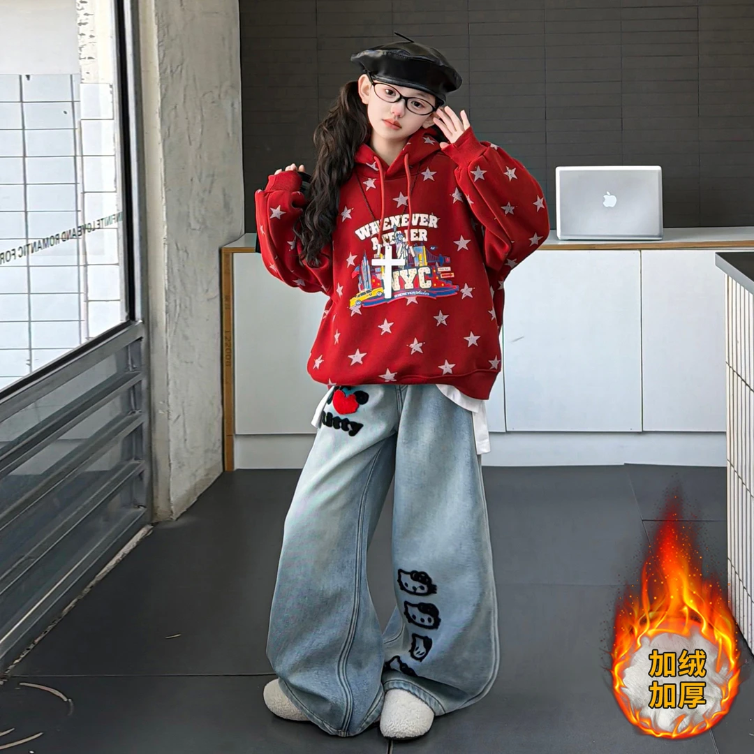 【酷哒仔】女童美式加绒卫衣牛仔裤子两件套装2025秋冬装中大童潮范