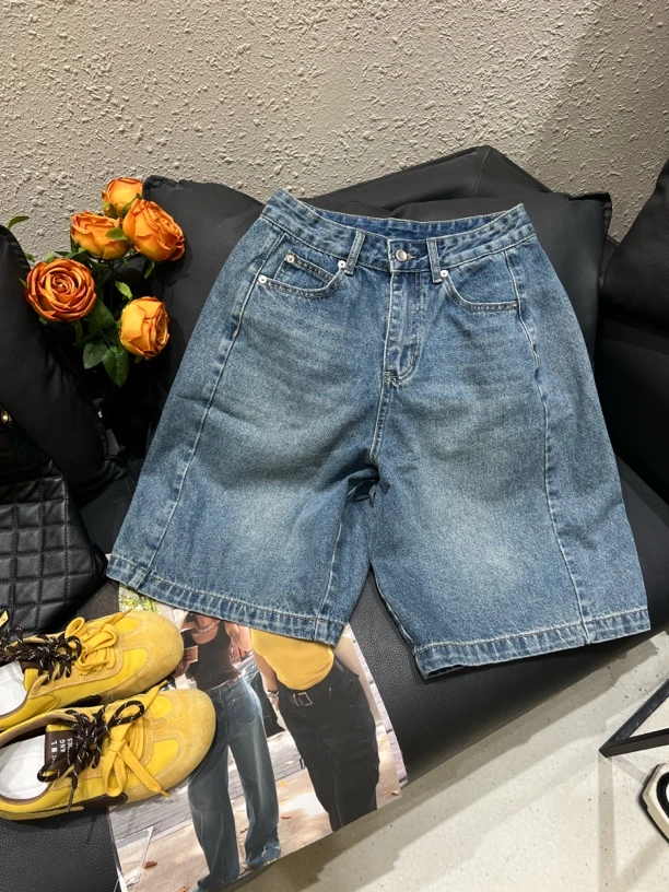 欧货无弹复古水洗牛仔裤女宽松显瘦中裤五分裤短裤夏季休闲百搭