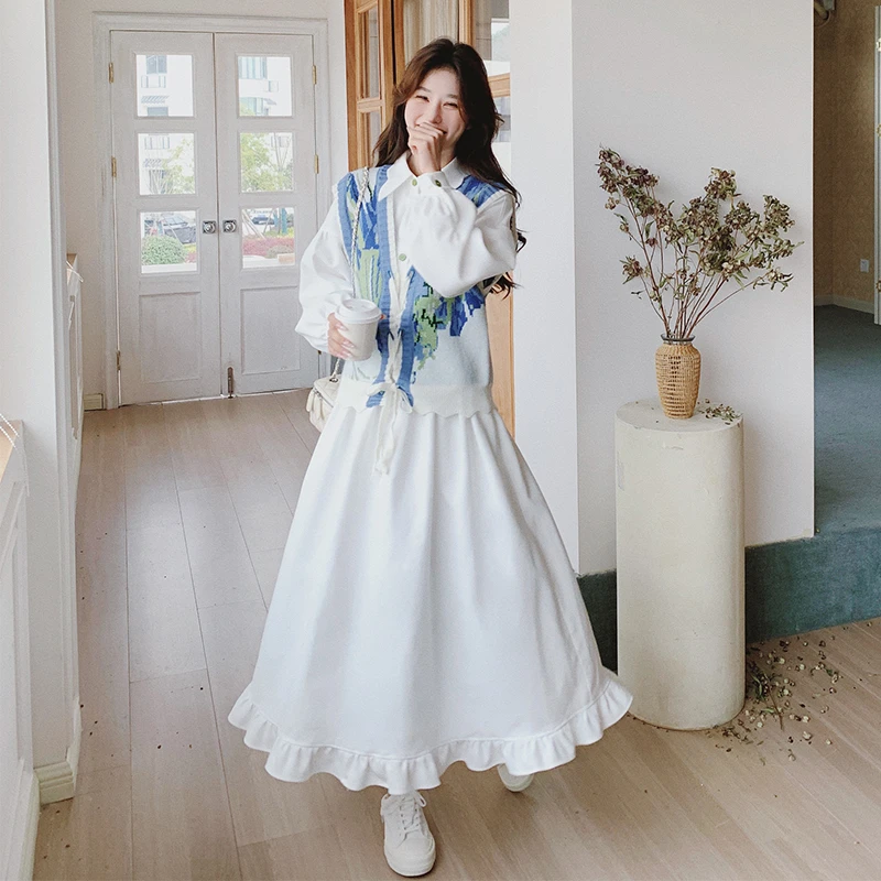 YIRAN/奕冉白色连衣裙套装女春2025新款韩版小个子针织马甲两件套
