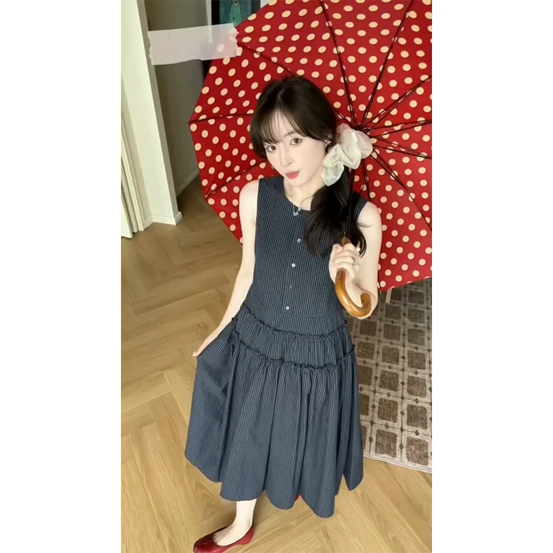 连衣裙女2025夏季法式小香风气质格子设计感宽松温柔百搭显瘦裙子