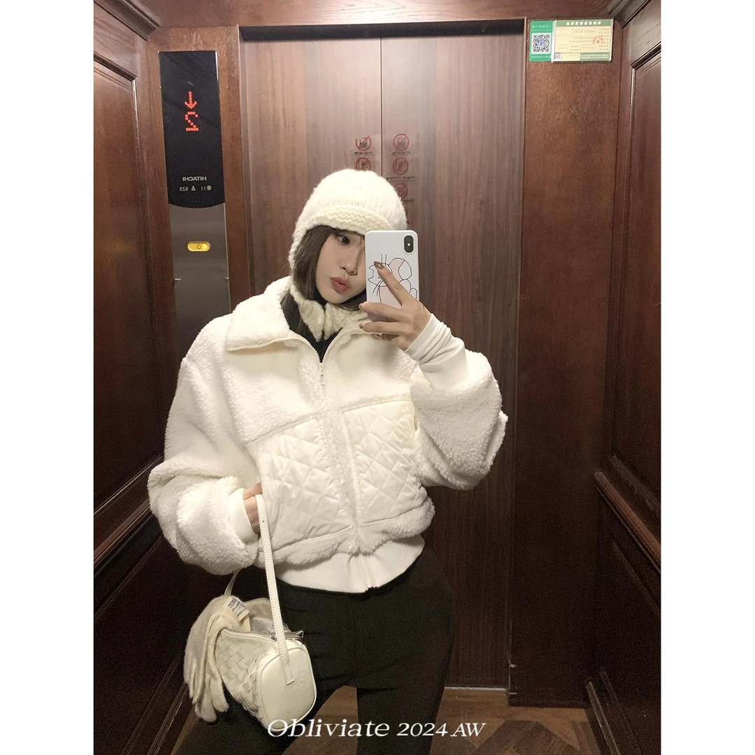 Alo私服超爱'羊羔毛菱格拼接短外套女冬季宽松气质上衣