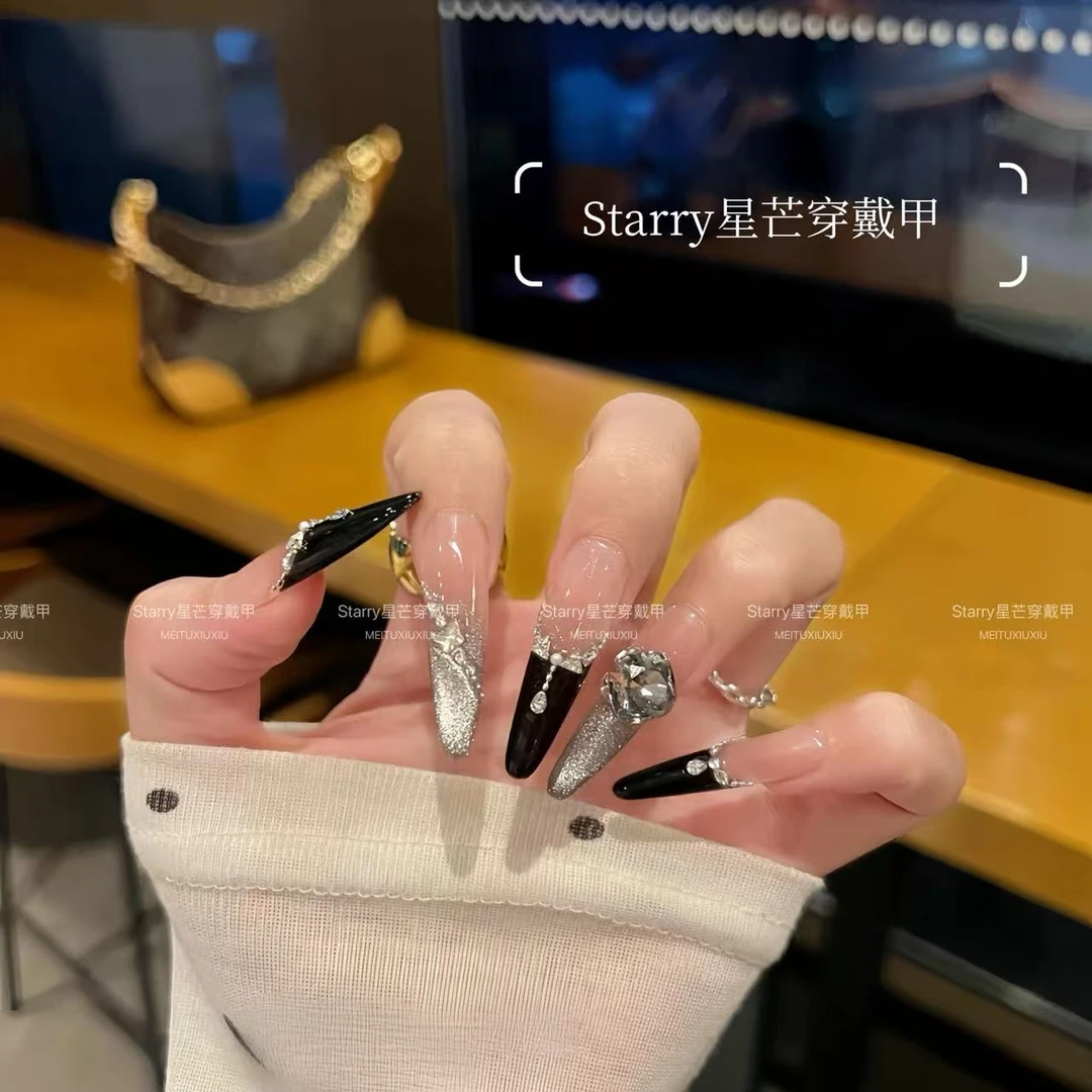 【冥月黑影】秋冬暗夜风高级黑法式猫眼穿戴甲纯欲中长款显白纯手工