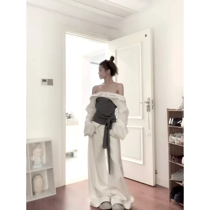 MARIE.COCO高级设计感不规则拼接系带一字肩长袖上衣女阔腿裤套装