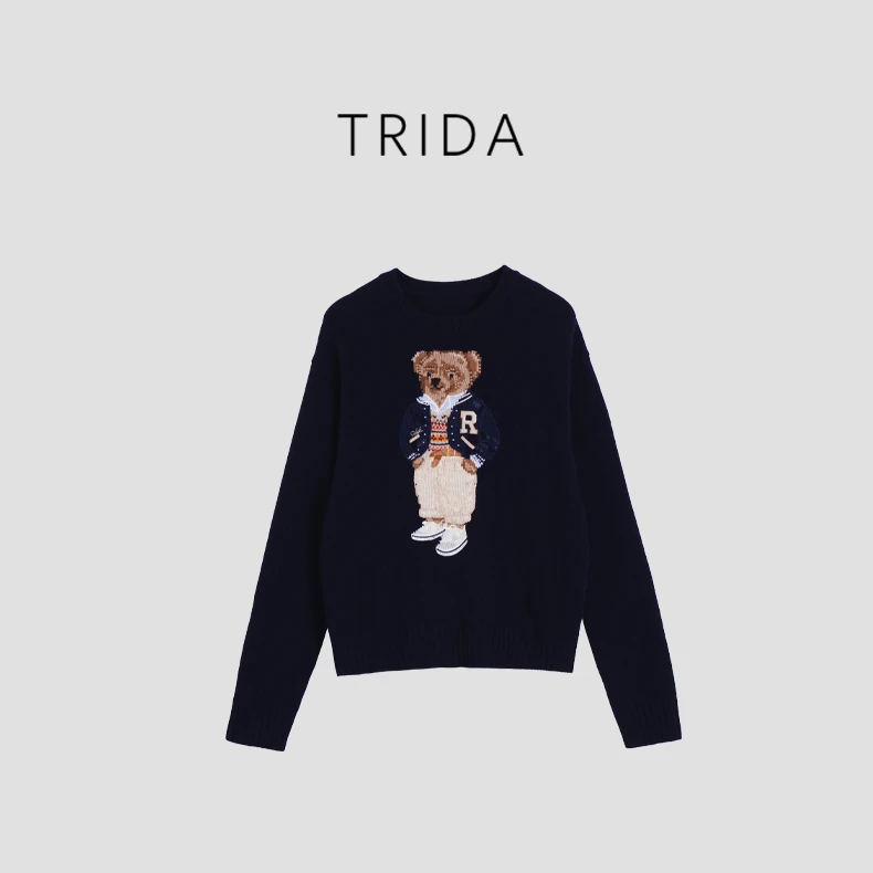 【绅士小熊】两色90羊毛+10羊绒圆领小熊刺绣长袖针织衫256652AC