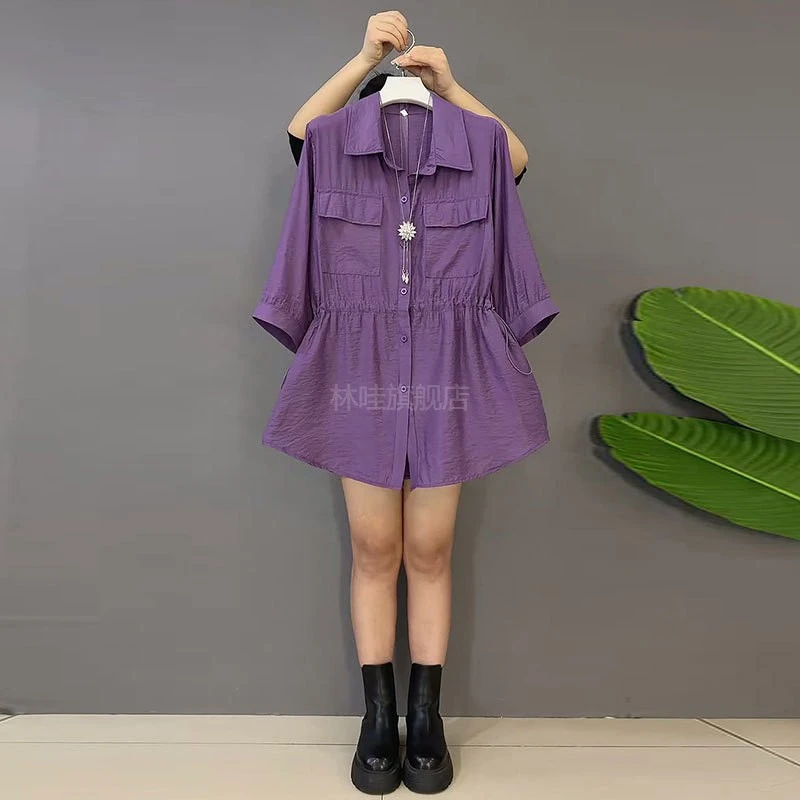 时尚2025夏季新款胖妹妹大码女装欧韩防晒衬衫纯色简约气质上衣女