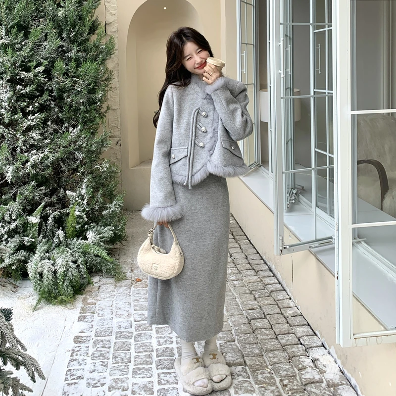 灰色小香风毛绒拼接毛呢子羽绒服半身裙套装两件套女秋冬2025新款